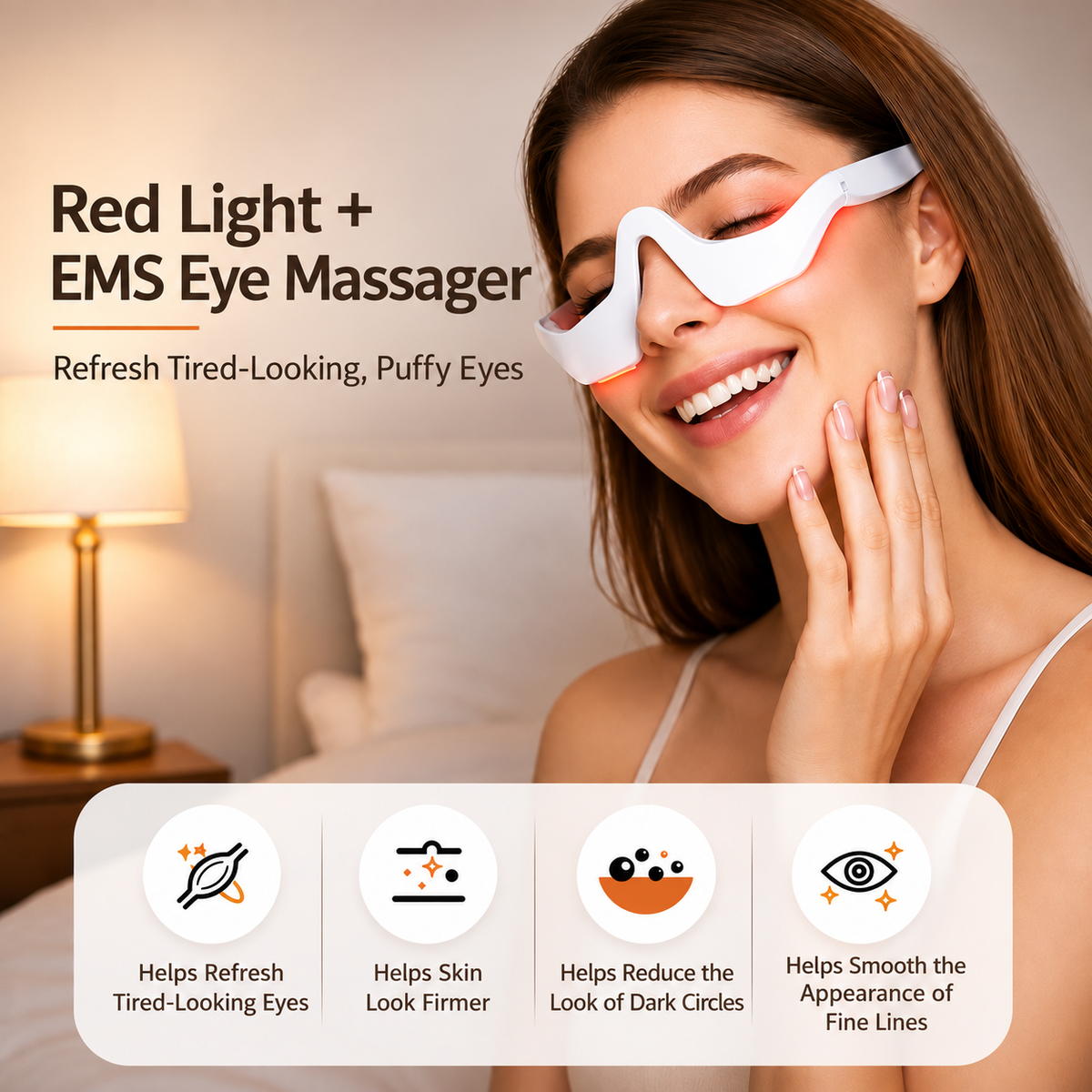 Woman wearing the Eyvella red light and EMS eye massager with under-eye care benefits