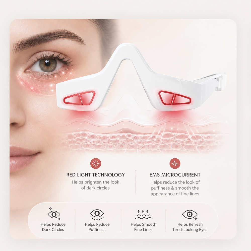 Eyvella red light and EMS microcurrent technology for dark circles, puffiness, fine lines and tired-looking eyes
