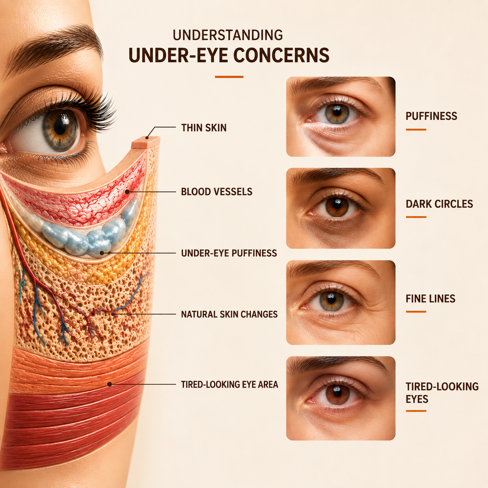 Illustration of common under-eye concerns including puffiness, dark circles, fine lines and tired-looking eyes