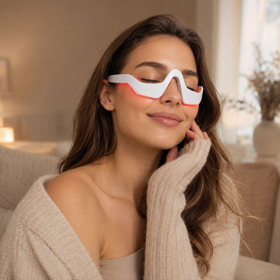 Woman wearing the white Eyvella™ red light and EMS eye massager